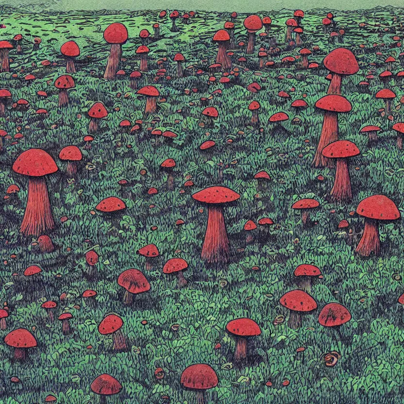 Image similar to a mushroom field with eyes, illustrated for a science fiction novel. by don ivan punchatz