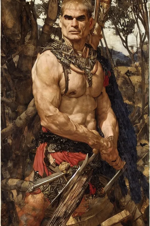 Image similar to henry rollins as a barbarian king of war, god of the wild, silk dress by edgar maxence and caravaggio and michael whelan and delacroix