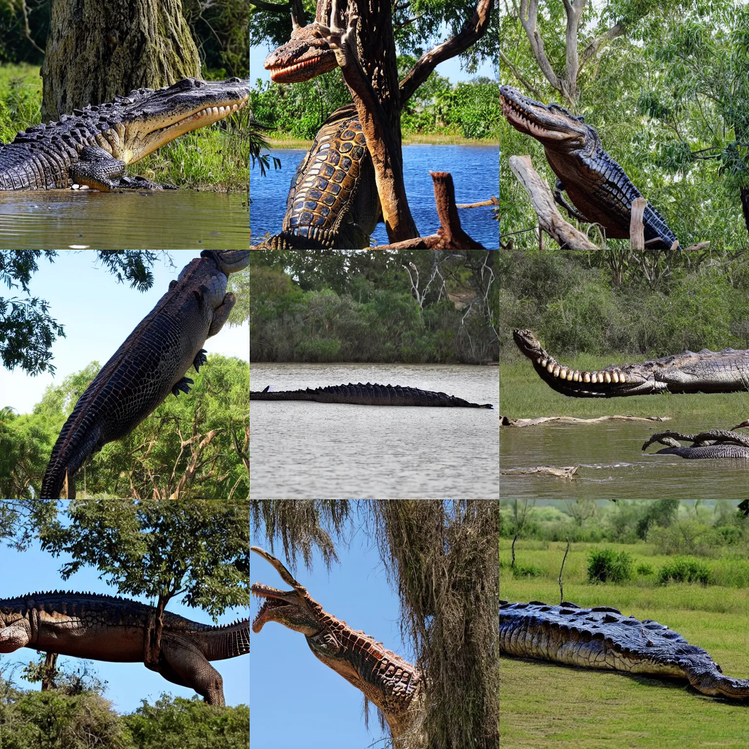 Prompt: Long shot of large crocodile on the tree