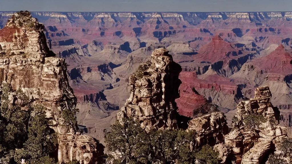 Prompt: an atmospheric film still by Ridley Scott featuring a dark gothic cathedral carved out of rock at the top of the grand canyon