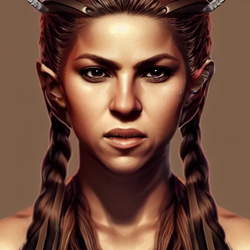 Image similar to full body portrait of shakira, thin but strong viking samurai woman, symmetrical beautiful face, relaxed pose, trending on artstation, high resolution, detailed, smooth, dynamic composition, dramatic lighting, trending on artstation, award winning art, sharp focus