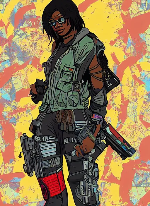 Prompt: maria igwe. cyberpunk mercenary in combat vest. portrait illustration, pop art, splash painting, art by geof darrow, ashley wood, alphonse mucha, makoto shinkai