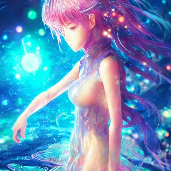 Image similar to ultra detailed illustration of a anime girl covered in liquid chrome, lost in a dreamy fairy multiverse by ross tran, Andrew Thomas Huang, dan mumford, Druillet, colorful, front view, vivid colors, 8k, coherent, artgerm, anime vibes, octane render, uplifting, magical composition, artstation