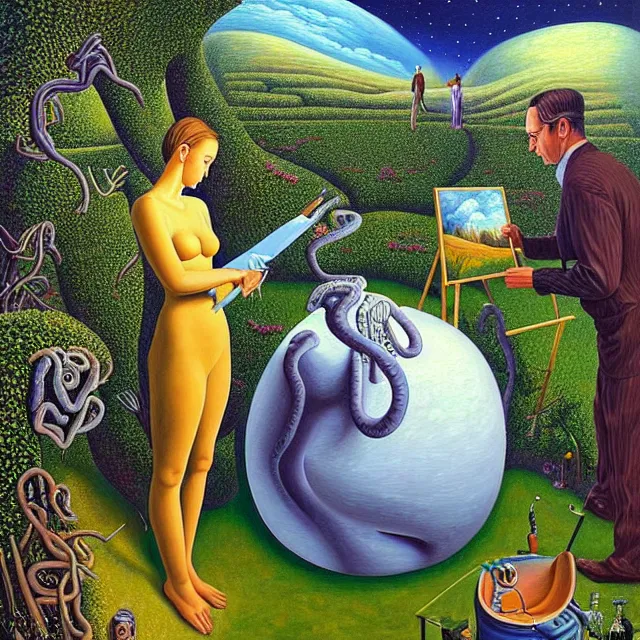 Image similar to an oil on canvas portrait of a man painting a portrait of a beautiful woman in the garden, surrealism, surrealist, lovecraftian, cosmic horror, rob gonsalves, high detail