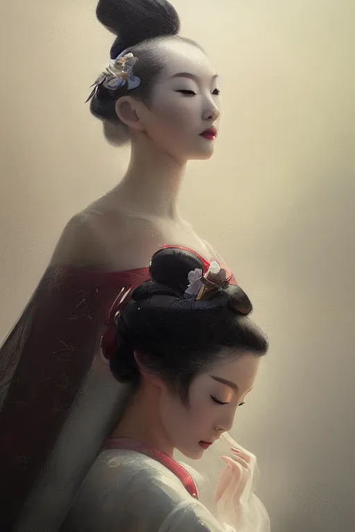 Prompt: geisha prima ballerina, gorgeous, ethereal, close - up portrait, intricate, elegant, volumetric lighting, scenery, digital painting, highly detailed, artstation, sharp focus, illustration, concept art, ruan jia, steve mccurry