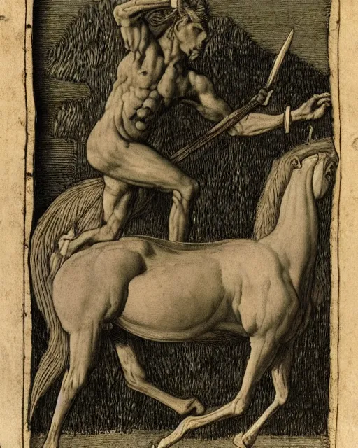 Image similar to centaur, high detail, extremely detailed, very sharp, in the style of theodor de bry, jost amman,