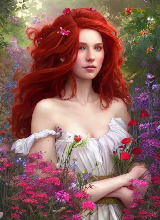 Portrait Beautiful Woman Red Hair Wearing Flowing Floral Gown Pose