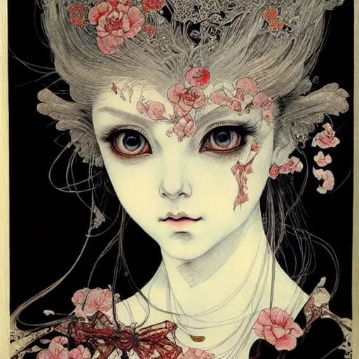 Image similar to prompt: Portrait painted in renaissance style drawn by Vania Zouravliov and Takato Yamamoto, inspired by Fables, china doll face, smooth face feature, intricate oil painting, high detail, sharp high detail, manga and anime 2000