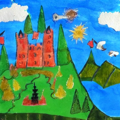 Prompt: children's art of a castle landscape, detailed