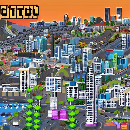 Image similar to Los Angeles in sim city with Hollywood sign, highly detailed, pixel art