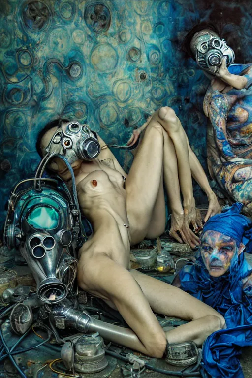 Prompt: two exhausted, skinny, fleshy figures, wearing ornate gas masks and silky green and blue scrubs, sit next to a fireplace with swirling blue flames inside a deserted hospital, ayami kojima, karol bak, hauntingly surreal, highly detailed painting part by james jean, jenny saville, soft light 4 k