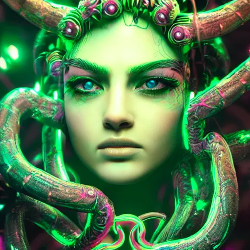 Image similar to Cyberpunk medusa, neon, intricate, ornate, photorealistic, ultra detailed, realistic, 35mm, photography, octane, high definition, depth of field, bokeh, 8k, artstation