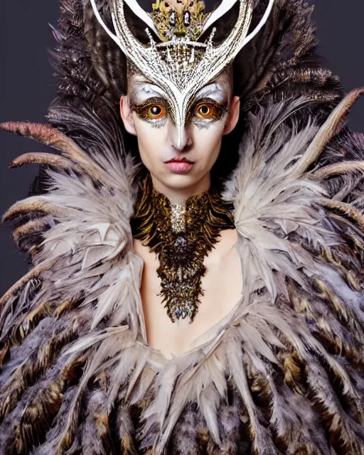 Image similar to a fantasy owl queen, beauty portrait, opulent costume inspired by iris van herpen