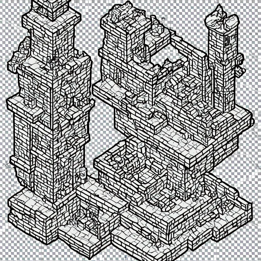 Image similar to wizard's tower, isometric lineart, individual tile png