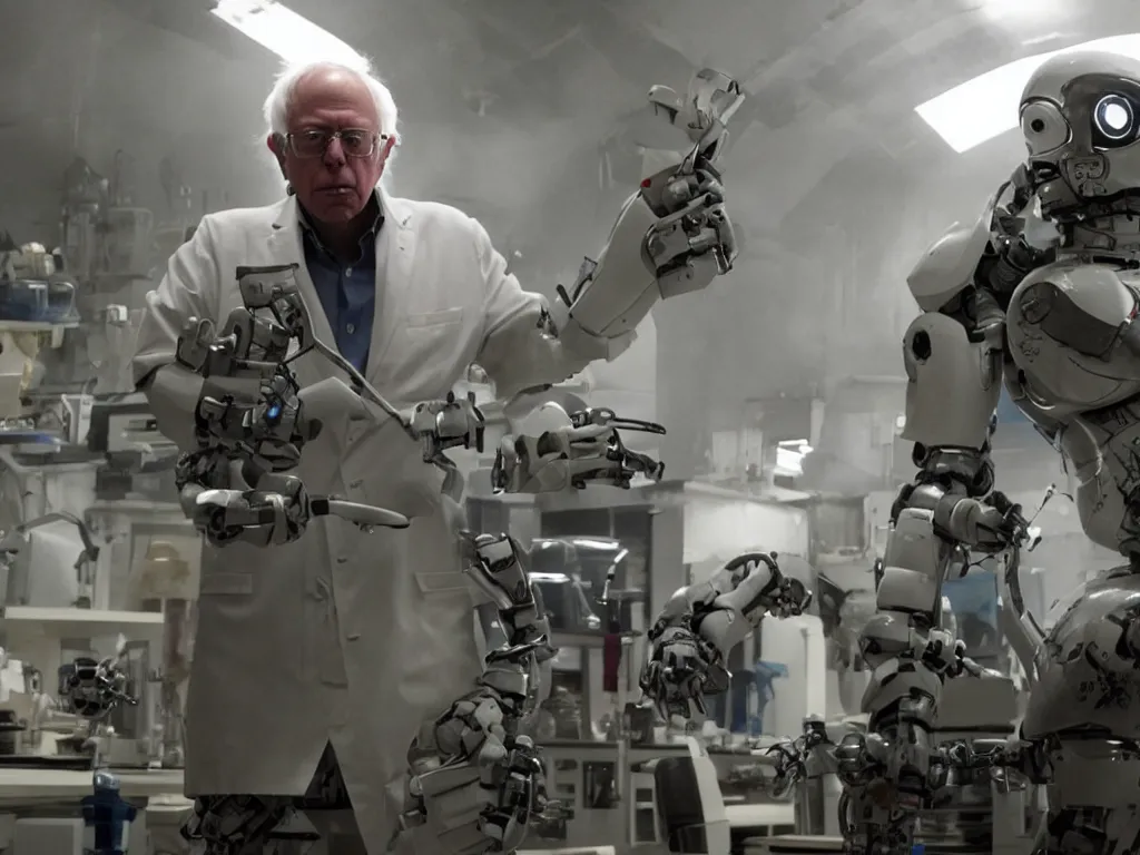 Prompt: bernie sanders building a scifi doomsday robot, cinematic moody lighting, sharp focus, dirty laboratory, imax, neill blomkamp mvie still