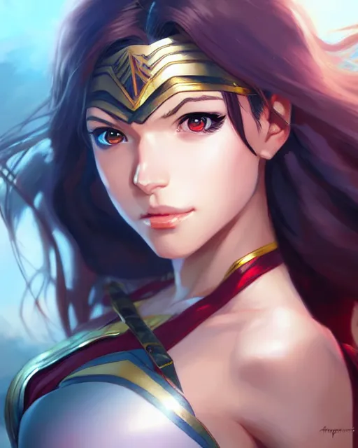 Image similar to portrait Anime as Wonderwoman girl cute-fine-face, pretty face, realistic shaded Perfect face, fine details. Anime. realistic shaded lighting by Ilya Kuvshinov Giuseppe Dangelico Pino and Michael Garmash and Rob Rey