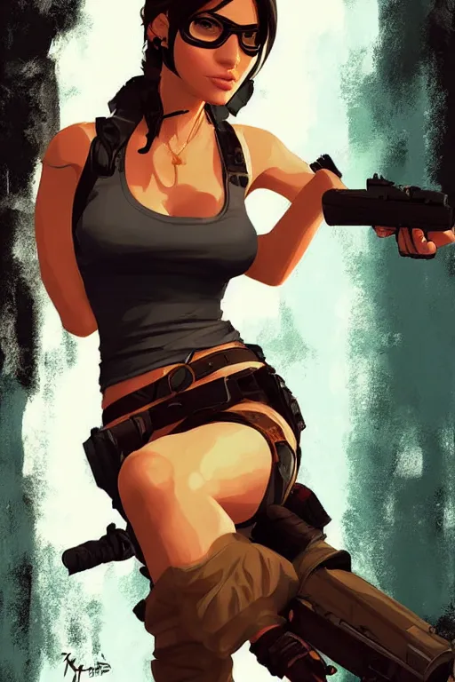 Image similar to lara croft portrait artwork by ilya kuvshinov wears multiple hats, too many hats, hat on a hat on a hat