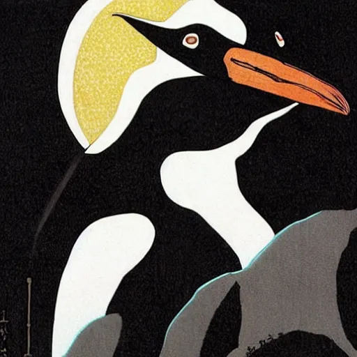 Prompt: oppressive penguin artistic illustration, concept art by takato yamamoto