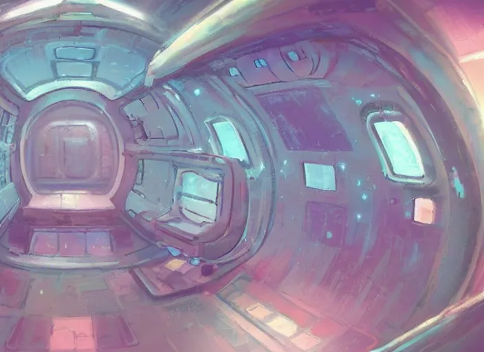 Image similar to faster than light travel, interior of this cute pastel fluffly spaceship, cluttered panels intricate electronics painterly impression of this glowing impasto trending on pixiv scene, interesting glowing fuzzy unclear where am i inside spaceship interior