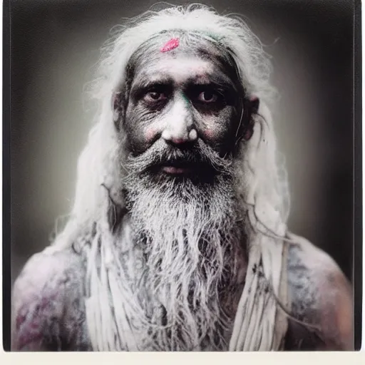 Image similar to realistic exposed polaroid film portrait of aghori sadhu covered in ash, hyperrealism, hypermaxiymalism, photorealistic, detailed, atmospheric, 8 k, award winning photography, cinematic