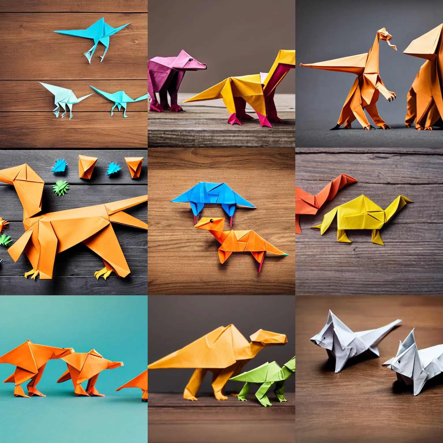 Prompt: origami dinosaurs on a wooden table. blurry background. professional product photography.