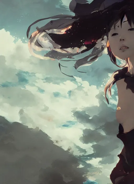 Prompt: yukiko okada looking to the skies, cinematic lighting, dramatic atmosphere, artwork by dustin nguyen, akihiko yoshida, greg tocchini, greg rutkowski, cliff chiang, 4 k resolution, trending on artstation,