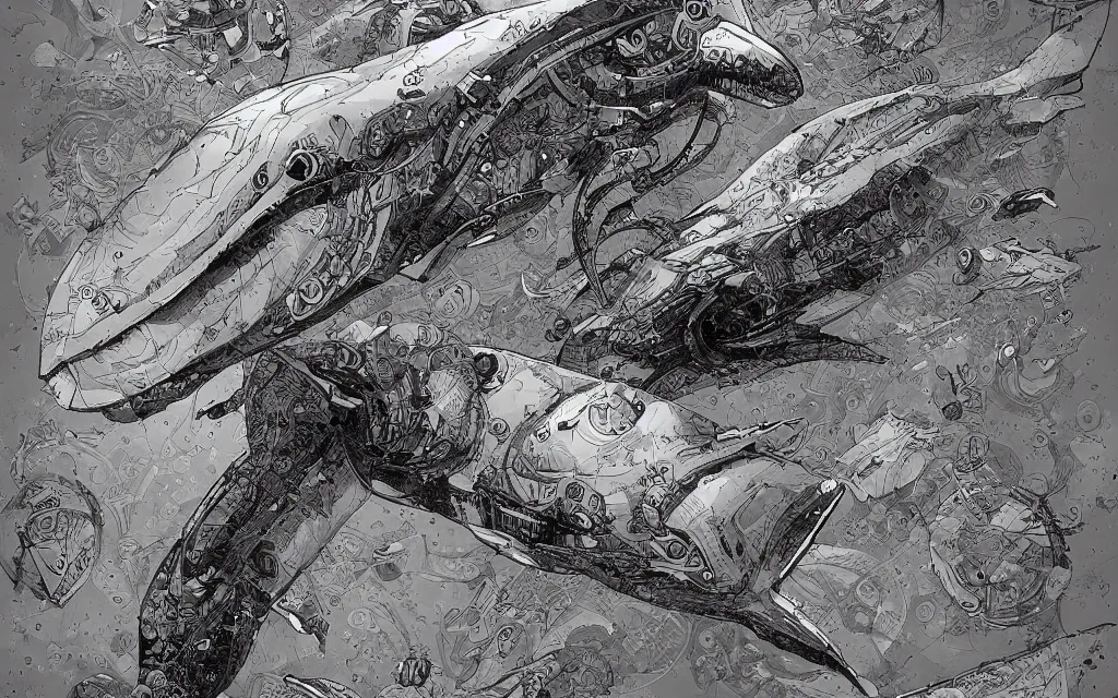 Prompt: biomechanical flying whale, in the style of james jean and laurie greasley, dynamic composition, dramatic lighting, hyper - realistic, ultra detailed