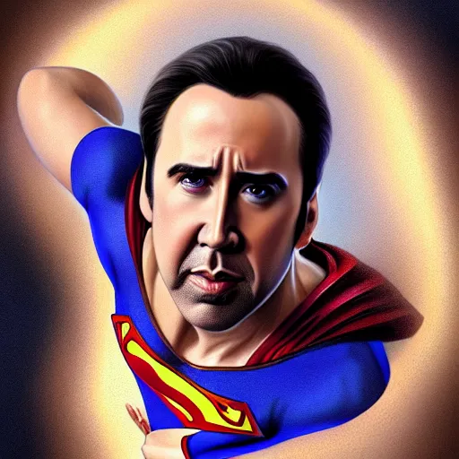 Image similar to portrait of nicolas cage as superman, intricate, elegant, highly detailed, digital painting, artstation, concept art, smooth, sharp focus, illustration, art by artgerm and greg rutkowski and alphonse mucha, 8 k