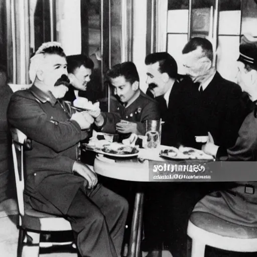 Image similar to joseph stalin eating at mcdonald's, press photo, caught off guard, surprised, paparazzi