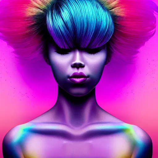 Image similar to a award winning head and torso portrait of a beautiful woman in a croptop with a ombre purple pink teal hairstyle with head in motion and hair flying, outrun, vaporware, vivid colors, highly detailed, fine detail, intricate