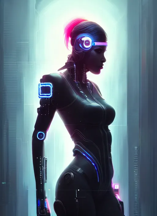 Image similar to portrait of female cyberpunk humanoid, asymmetric, intricate, elegant, cyber neon lights, highly detailed, digital photography, artstation, glamor pose, concept art, smooth, sharp focus, art by artgerm and greg rutkowski