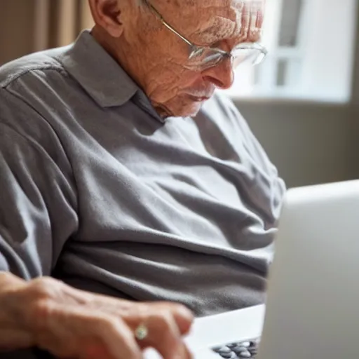 Prompt: elderly man inside a casket browsing internet on laptop from a casket casket