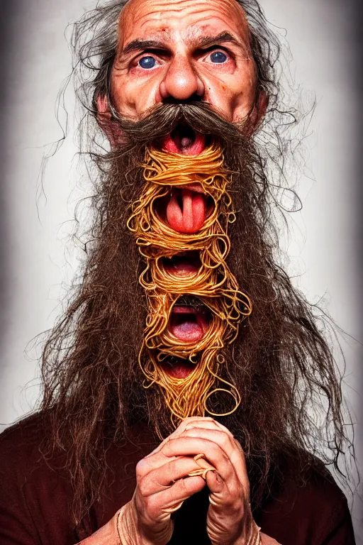 Image similar to extremely detailed portrait of old italian cook, spaghetti mustache, slurping spaghetti, spaghetti in the nostrils, spaghetti hair, spaghetti beard, huge surprised eyes, shocked expression, scarf made from spaghetti, full frame, award winning photo by david lachapelle