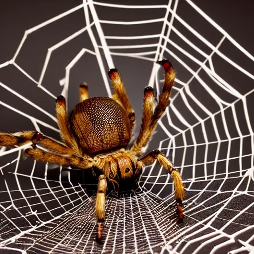 Prompt: a beautiful high - quality photo of a large spider sitting in the center of its web, studio lighting, 8 k