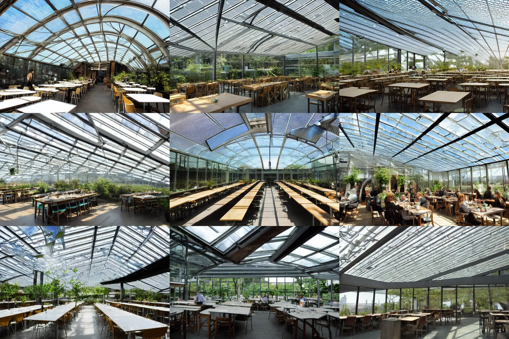 Prompt: solarpunk cantine, glass roof, natural lighting