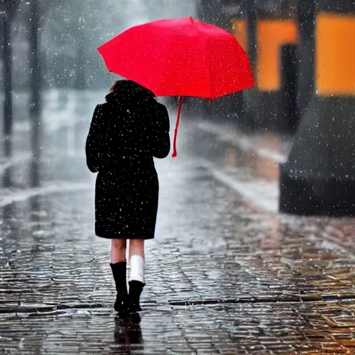 Prompt: girl with red coat walking in rainy street, colour splash, photo