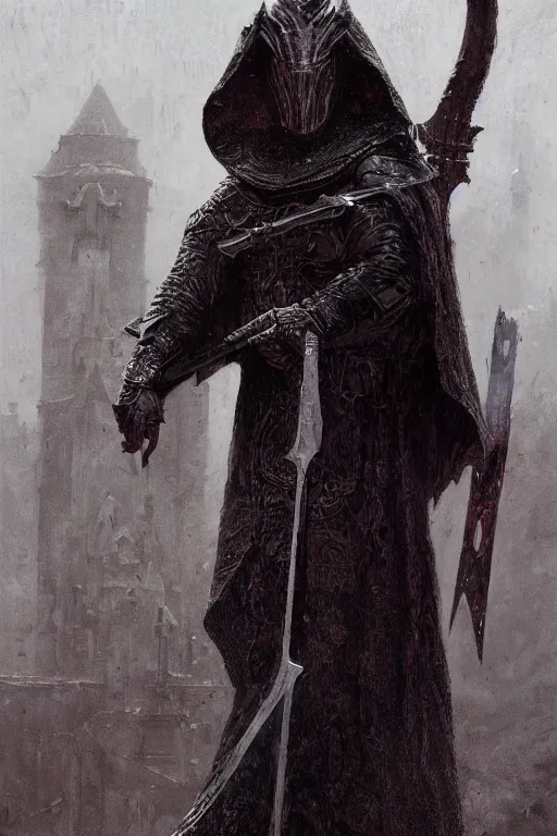 Image similar to Nicolas Cage as knight in dark robe with a giant reaper scythe, dark fantasy, intricate, highly detailed, smooth, artstation, painted by Wayne Barlowe, Greg Rutkowski, zdislav beksinski, Francis Bacon