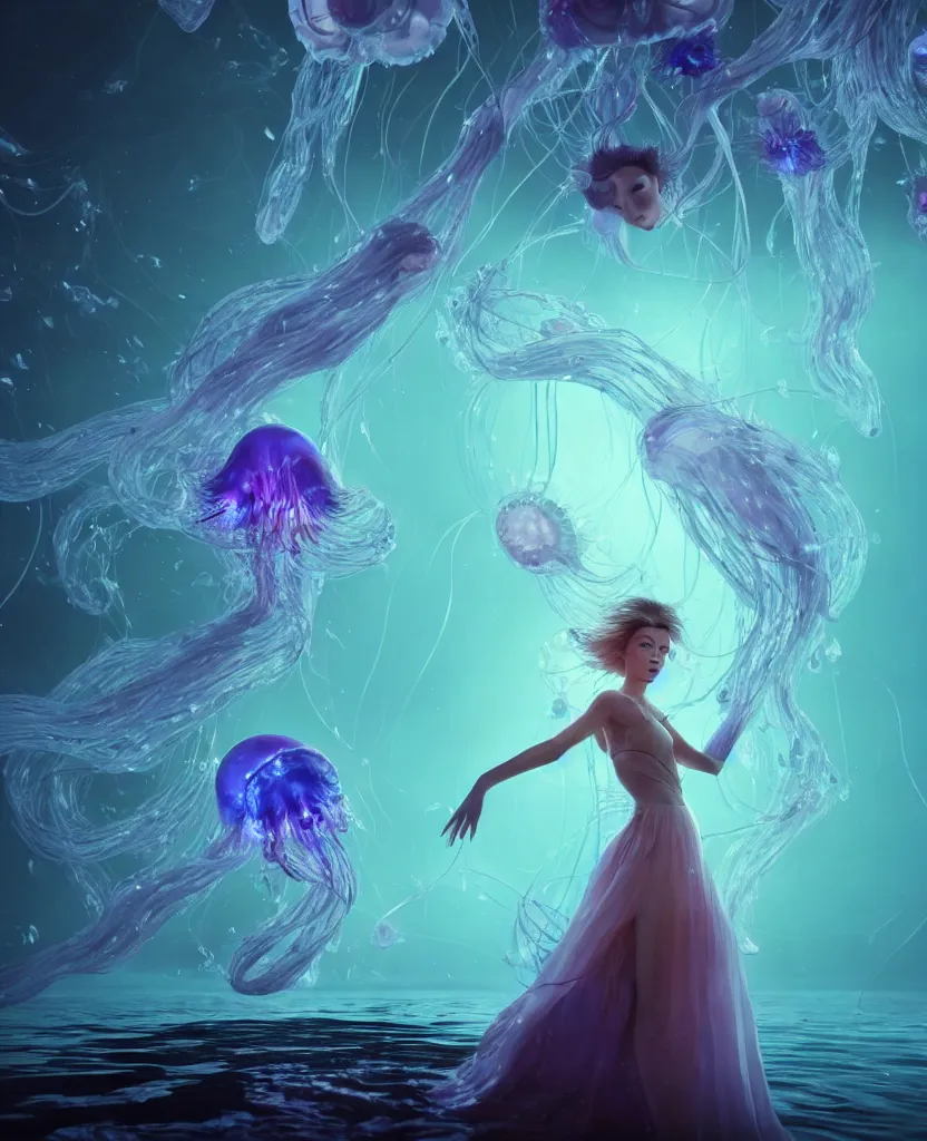 Image similar to close-up portrait of a beautiful princess floating in ethereum surrounded by floating jellyfish, energy flows of fire and water, flashes of plasma, 3d with depth of field, blurred background, a highly detailed epic cinematic concept art CG render. made in Maya, Blender and Photoshop, octane render, excellent composition, cinematic dystopian brutalist atmosphere, dynamic dramatic cinematic lighting, aesthetic, very inspirational, arthouse. y Greg Rutkowski, Ilya Kuvshinov, WLOP, Stanley Artgerm Lau, Ruan Jia and Fenghua Zhong