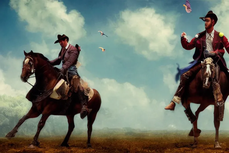 Image similar to multicolor 3d render of ryan gosling rides a horse by ray caesar created at contemporary in 4k ultra high resolution, with funny feeling