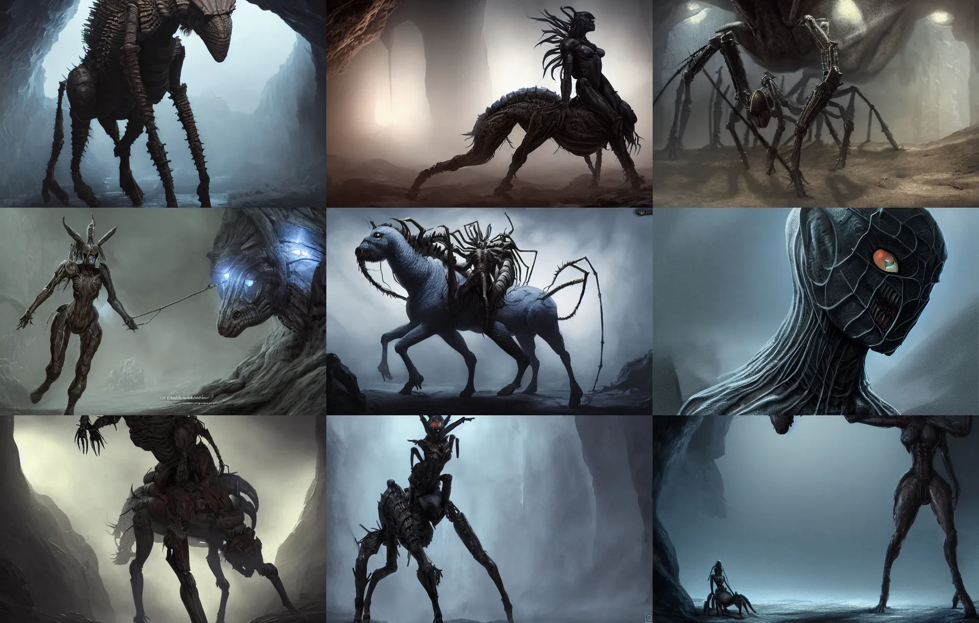 Prompt: creepy matte painting of an armored female centaur with eight spider legs in a dark cave, ultra detailed, monster, half human half spider, human torso and head, human face, spider thorax, creature design, concept art, 8 k, moody lighting, muted colors, blue tone light, dramatic lighting, realistically proportioned face
