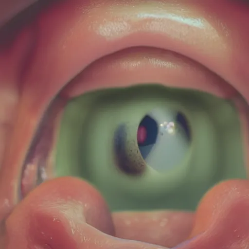 Prompt: person with human eye inside mouth, extreme closeup, macro shot, hyperrealistic, extreme detail, ray tracing, octane render