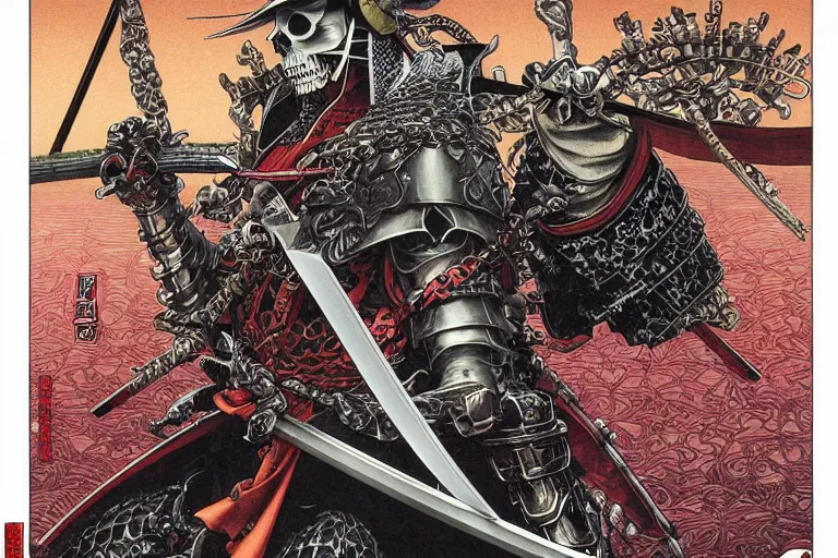 Image similar to portrait of a crazy skeletor samurai with japanese armor and helmet, by yoichi hatakenaka, masamune shirow, josan gonzales and dan mumford, ayami kojima, takato yamamoto, barclay shaw, karol bak, yukito kishiro