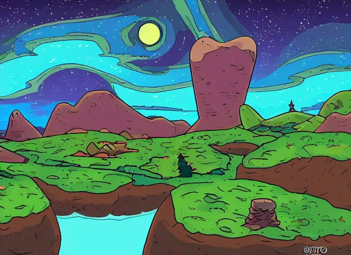 Prompt: landscape inspired Rick and Morty style H 704