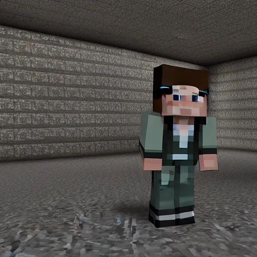 Prompt: Herobrine from Minecraft standing in a dark alley, staring at the camera, motionless. Award winning, noire, high resolution.