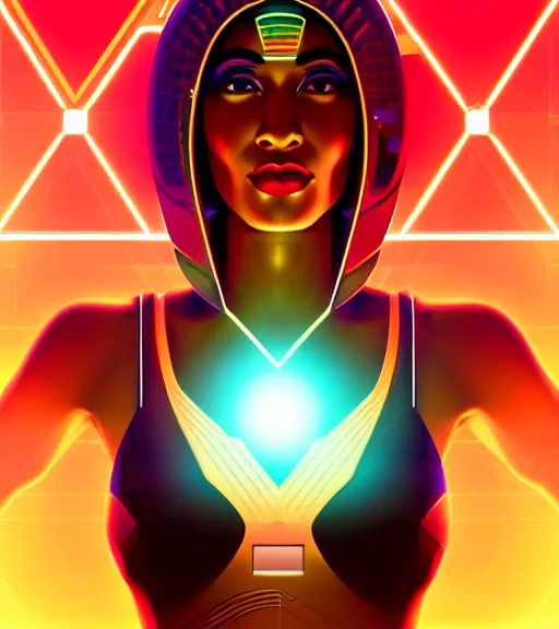 Image similar to symmetry!! egyptian queen of technology, solid cube of light, hard edges, product render retro - futuristic poster scifi, lasers and neon circuits, brown skin beautiful egyptian, queen, intricate, elegant, highly detailed, digital painting, artstation, concept art, smooth, sharp focus, illustration, dreamlike, art by artgerm