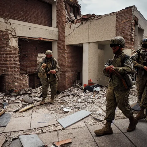 Prompt: American soldiers entering the ruins of an apartment, cinematic, professional photography, low-angle, behance