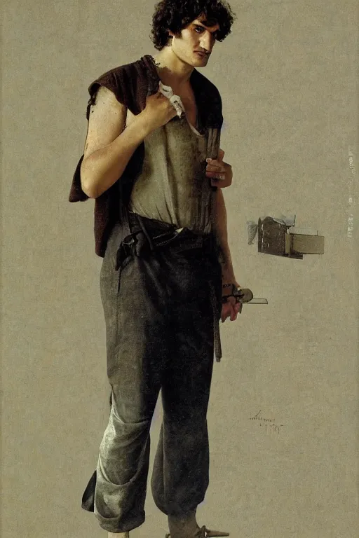 Image similar to upper body portrait of actor louis garrel as Adam in paradise, colour painting by normal rockwell, guidi prime background by carl spitzweg