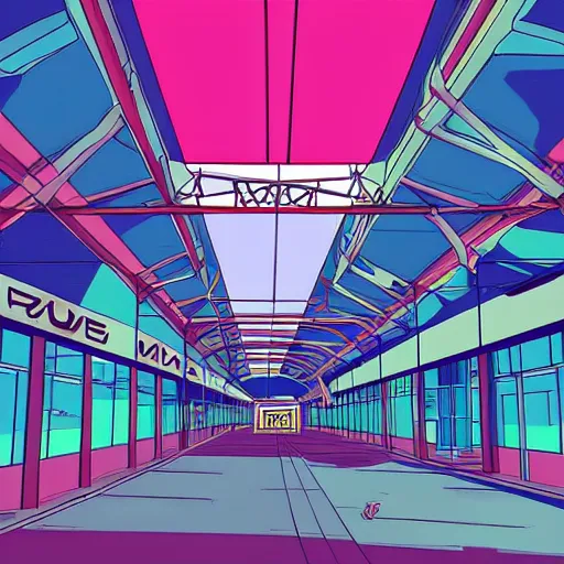Prompt: mall, truss building, red trusses, building, geodesic building, cel - shading, 2 0 0 1 anime, flcl, jet set radio future, the world ends with you, sunshine, cel - shaded, strong shadows, vivid hues, y 2 k aesthetic, art by artgerm