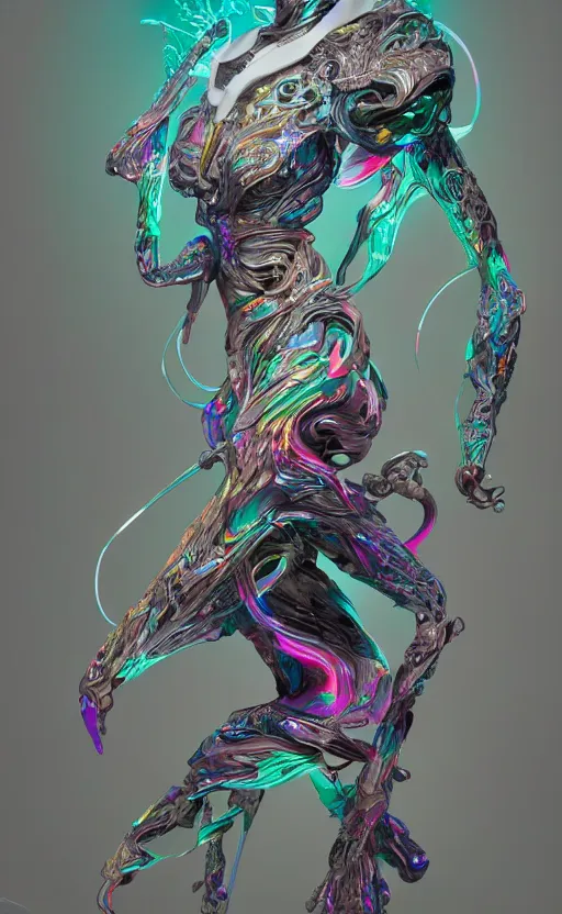 Image similar to hard surface form fused with organic form fashion outfit design, rainbow iridescent accents, full body frontal view, Peter mohrbacher, zaha hadid, tsutomu nihei, emil melmoth, zdzislaw belsinki, Craig Mullins, yoji shinkawa, trending on artstation, beautifully lit, hyper detailed, insane details, intricate, elite, ornate, elegant, luxury, dramatic lighting, CGsociety, hypermaximalist, golden ratio, octane render, weta digital, micro details, ray trace, 8k,