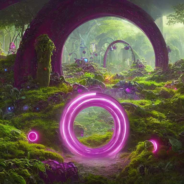 Prompt: a circle portal structure built out of plants and mushrooms , Person entering portal, curves, arches, bright cyberpunk glow, epic surrealism, magenta, deep purple, lime green, hot pink, pale blue, Detailed digital matte painting in the style of simon stalenhag, Greg Rutkowski and Greg Hildebrandt artstation